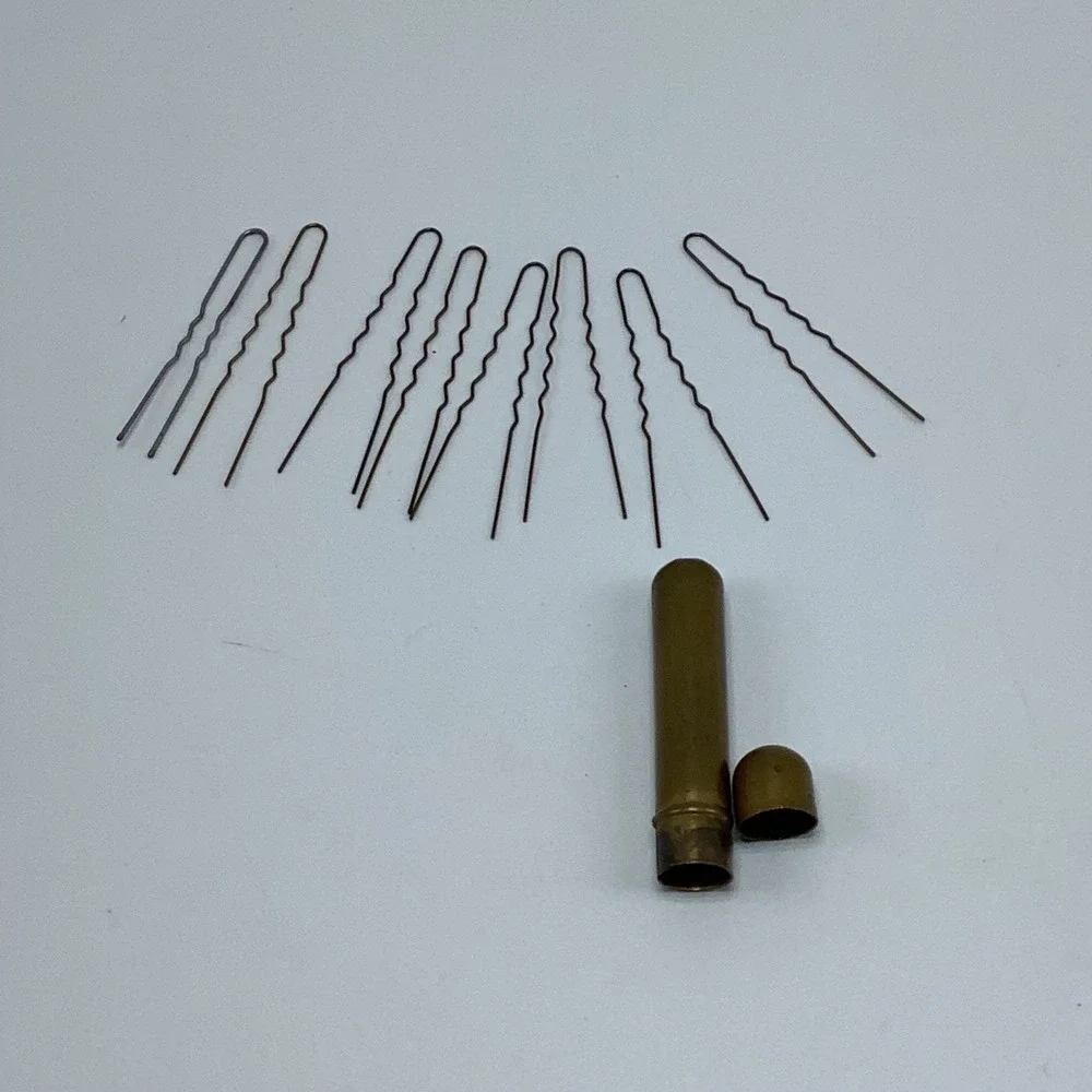 Vintage Gold Metal Bobby Pin Tube Holder & 8‎ Bobby Pins